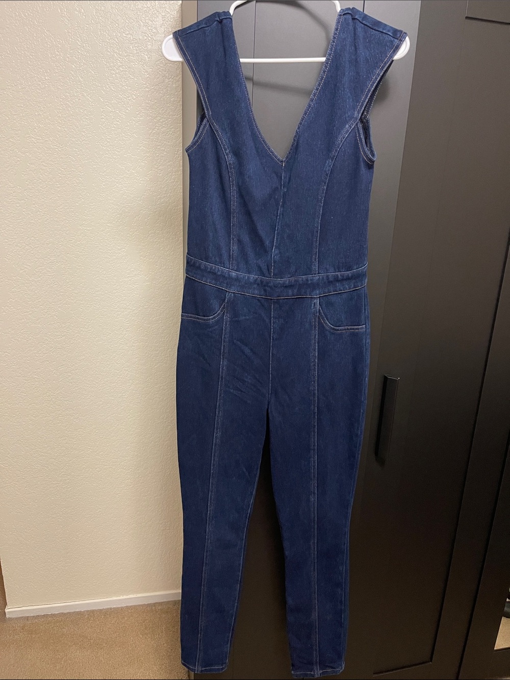Guess Navy Blue Denim Jumpsuit with Contrast Stitching